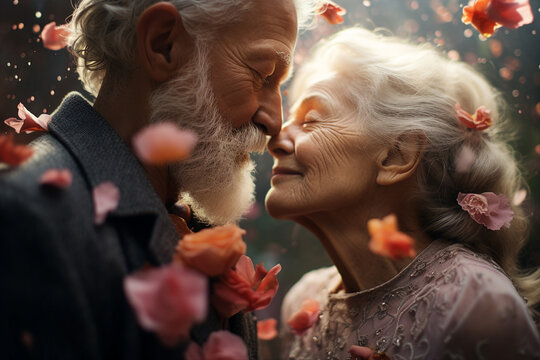 Romantic moment between happy beautiful gentle mature couple AI generated image