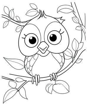 coloring of a little owl on a branch, hd, png, Ai Generative
