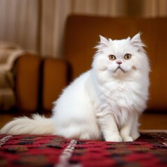 Obraz premium A photograph of a white Persian cat seated on a carpet.Object. 고양이.