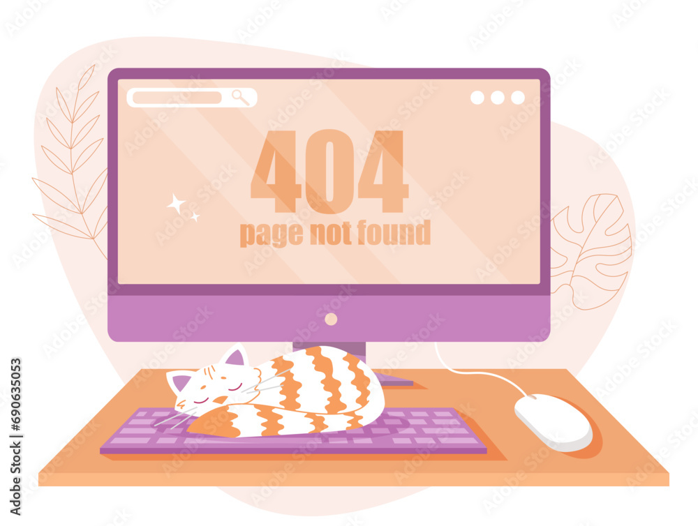 Poster error 404 at computer screen concept. cat sleeps near monitor and keyboard. broken link address for 