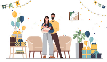 Family members with baby concept. Man and woman wit toddler in hands. Happy man and woman with son or daughter. Parents with kid. Parenthood and childhood. Cartoon flat vector illustration