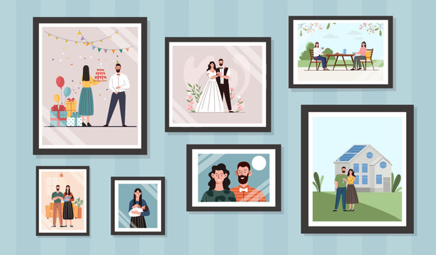 Family portrait pictures set. Different shapes of photo phrames. Memories and scrapbooking. Wedding and birthday of son or daughter. Cartoon flat vector collection isolated on blue background