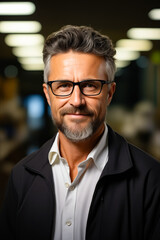 Man with glasses and beard smiling for picture.