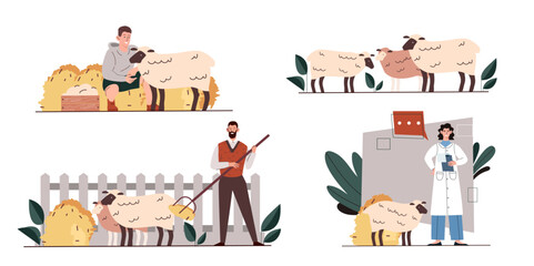 Farmer with sheep set. Animals with fluffy wool. Farming and agriculture. Rural village. Man and woman with cattle. Cartoon flat vector collection isolated on white background