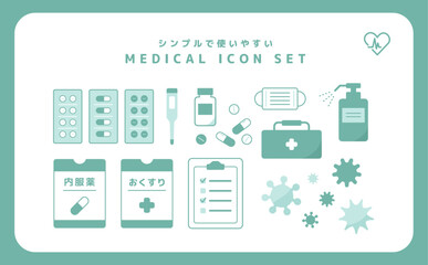 医療アイコンセット(薬・ウイルス・消毒・体温計)