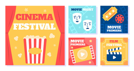 Film festival posts set. Movie and series posters or banners. Pop corn basket and tickets, tape reel. Cinema production. Cartoon flat vector collection isolated on white background