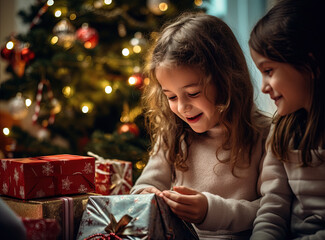 Children unpacking Christmas gift. Kids opening presents during winter holidays