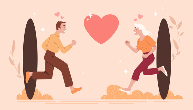Finding love concept. Man and woman run each other from black holes. Application for mobile dating. Bride and groom. Happy pair in love. Romantic scene. Cartoon flat vector illustration