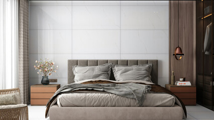 Elegant bedroom interior design featuring a glass wardrobe at the bedside, a comfortable gray bed, white marble on the wall, and wooden furniture and chairs. 3D Rendering