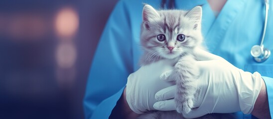 Cropped image handsome male veterinarian doctor with stethoscope holding cute fluffy striped kitten in arms in veterinary clinic on white background banner. cat and doctor. AI - obrazy, fototapety, plakaty