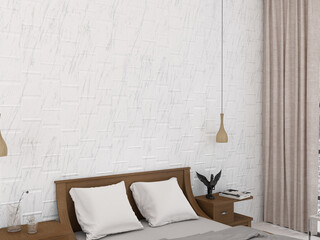 Luxury bedroom interior with white marble on walls and floors, wooden furniture, window wall next to bed. 3D Rendering