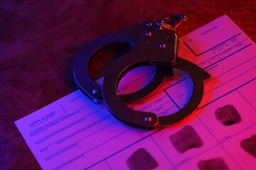 Applicant or fingerprints card with police handcuffs on table in dark room close up