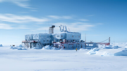 A research base in Antarctica surrounded by ice and snow under a clear sky.