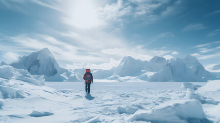 A rugged explorer trekking across the icy terrain of Antarctica.