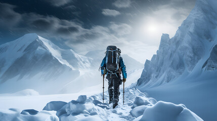 A rugged explorer trekking across the icy terrain of Antarctica.