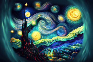 Starry night above the town with blue and yellow spirals in the sky, fantasy landscape in the style of impressionism, Generative AI