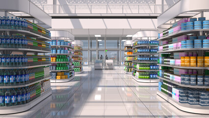 Sales area of the store with rows of shelving, display of goods and daylight. 3d illustration