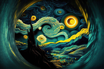 Starry night with blue and yellow spirals in the sky, fantasy landscape in the style of impressionism, Generative AI
