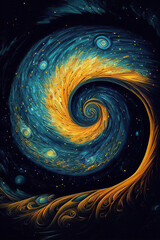 Blue and yellow fractal, spiral, abstract background, vertical, Generative AI