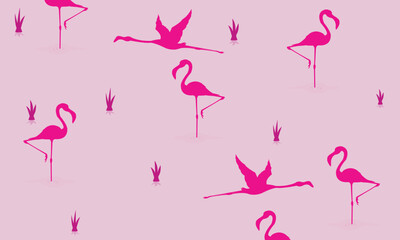 Tropical pink flamingo birds and plants, seamless pattern. Pink background Repeating print, endless background design in Scandinavian style. Printable flat vector illustration	