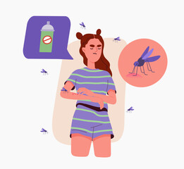 Girl bitten by mosquitoes concept. Woman suffer from insects. Spray for protectin skin. Spring and summer season. Cartoon flat vector illustration isolated on white background