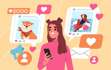 Girl like social media post. Woman with interesting content on internet. Entertainment and fun. Active user of social networks. Cartoon flat vector illustration isolated on yellow background