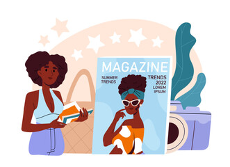 Girl with trendy magazine. Fashion, elegance and aesthetics. Woman near fashionable cover. Editor or model with journal. Cartoon flat vector illustration isolated on white background