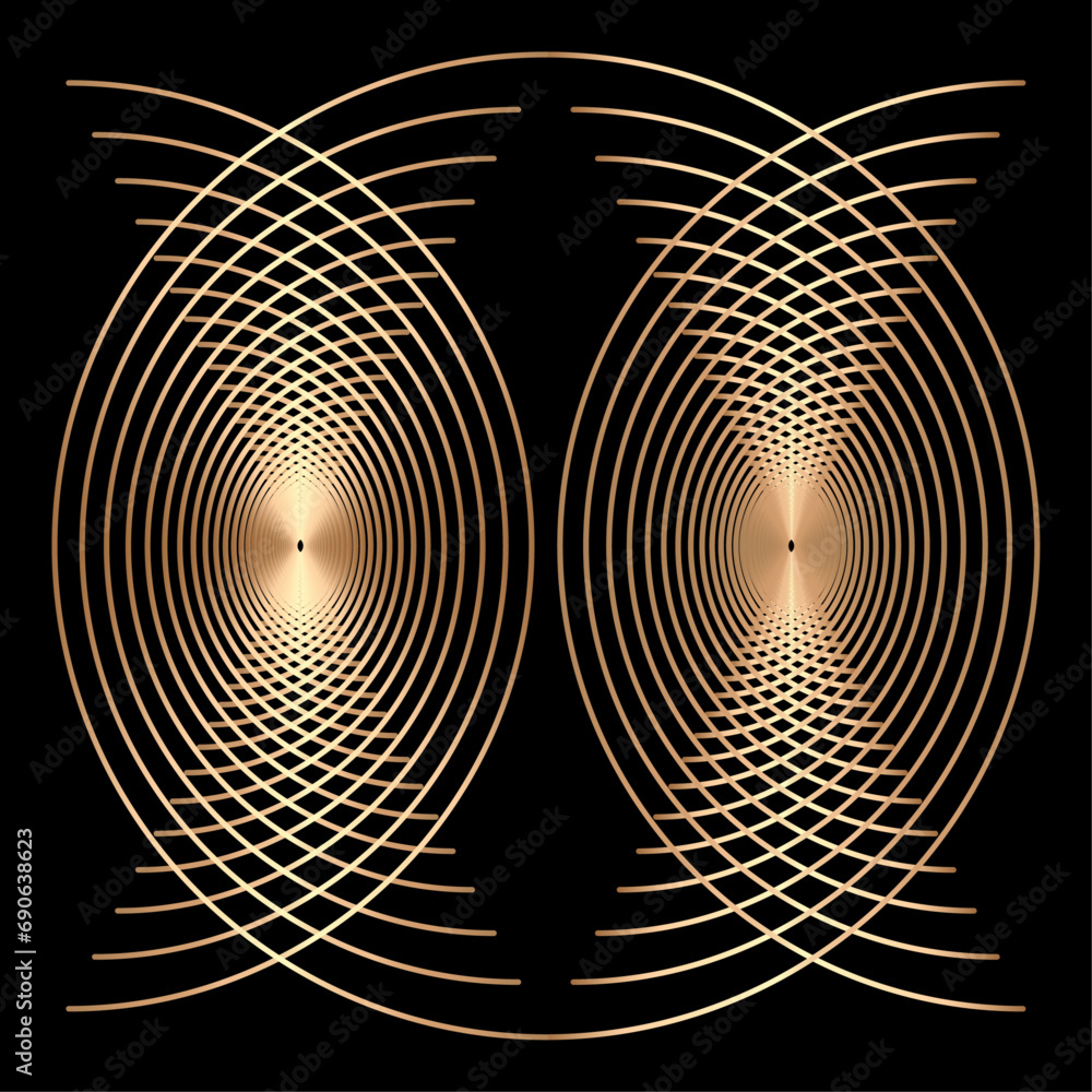 Fototapete abstract circles line wave pattern border frame by gold gradient isolated on black background. vecto