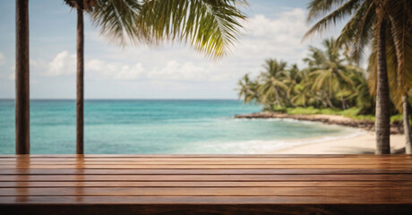 Wood table with blurred sea and coconut tree background