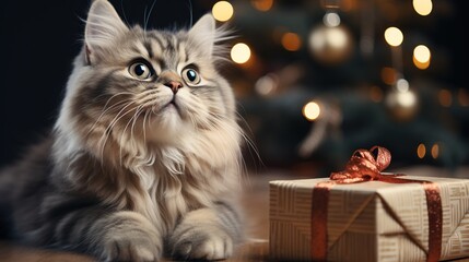 A cat with present gift boxes near Christmas tree at room decorated for Christmas. Festival, holiday and new year eve concept. Cute pet. Christmas background postcard.