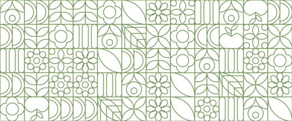 Green and white modern vector abstract geometric banner with nature outline simple shapes graphic pattern. Fresh organic background. Minimalist environment shape texture, geometry collage.