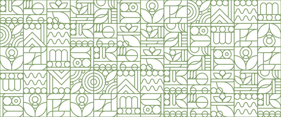 Green and white modern minimalist mid century neo geometric mosaic bauhaus style banner pattern abstract vector illustration with outline nature shapes. Abstract eco agriculture banner background