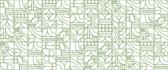 Green and white modern minimalist mid century neo geometric mosaic bauhaus style banner pattern abstract vector illustration with outline nature shapes. Abstract eco agriculture banner background