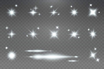 Set of realistic vector white stars png. Set of vector suns png. White flares with highlights.