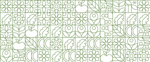 Green and white geometric minimal pattern mosaic. Simple outline nature shapes, modern bauhaus banner vector design. Abstract eco agriculture banner background. Vector design