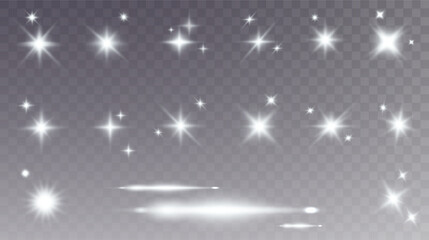 Set of realistic vector white stars png. Set of vector suns png. White flares with highlights.	