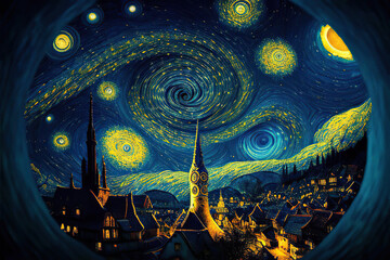 Starry night on the town with spirals in the sky, fantasy landscape in the style of impressionism, Generative AI