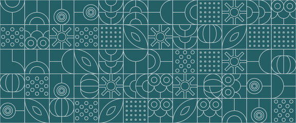 Green and white modern minimalist mid century neo geometric mosaic bauhaus style banner pattern abstract vector illustration with outline nature shapes