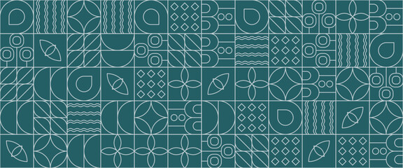 Green and white abstract geometric mosaic banner design with simple nature outline shapes