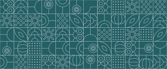 Green and white vector flat mosaic banners with outline nature shapes