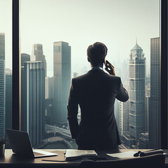  One businessman in the office, talking on the phone, looking out the panoramic window at the metropolis, hand in pocket