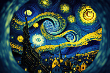 Starry night on the town with blue and yellow spirals in the sky, fantasy landscape in the style of impressionism, Generative AI