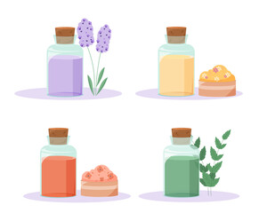 Herbal medicines set. Glass bottles with red, violet, green and yellow liquids. Herbal extracts pack. Health care and treatment. Cartoon flat vector collection isolated on white background