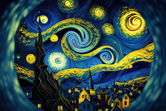 Starry night on the town with blue and yellow spirals in the sky, fantasy landscape in the style of impressionism, Generative AI