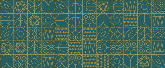 Green and yellow abstract geometric mosaic banner design with simple nature outline shapes