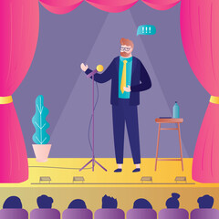 Viewers looking stand up show. Comedy show. Male comic telling funny stories, jokes in front of live audience. Stand up comedian male character performing on theatre stage