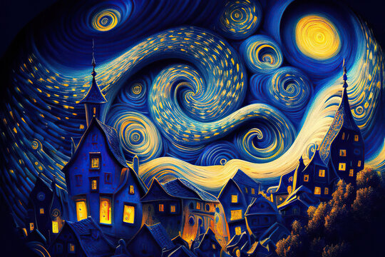 Starry night on the town with blue and yellow spirals in the sky, fantasy landscape, illustration in the style of impressionism, Generative AI