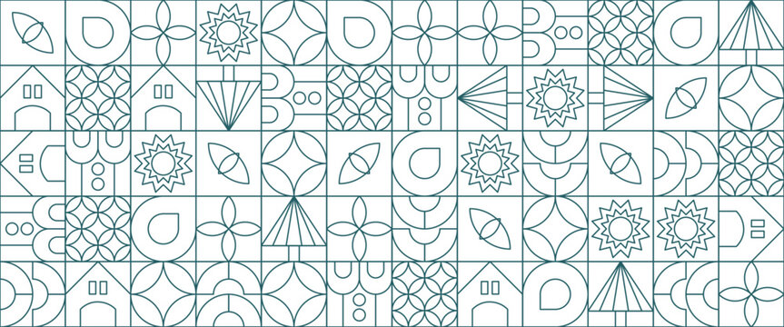 Green and white abstract geometric mosaic banner design with simple nature outline shapes