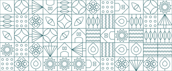Green and white geometric minimal pattern mosaic. Simple outline nature shapes, modern bauhaus banner vector design