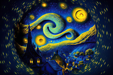 Starry night on the town with blue and yellow spirals in the sky, fantasy scene, round frame, illustration in the style of impressionism, Generative AI